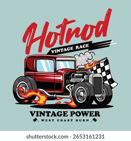 Carro de arrasto vermelho vintage quente com bandeiras quadriculadas e tipografia em negrito na ilustração cartoon