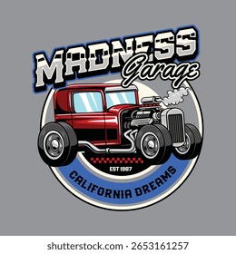 Carro de arrasto vermelho vintage quente com tipografia em negrito no logotipo emblema ilustração cartoon