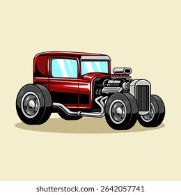 Vintage red hot rod, oversized wheels, and chrome exhaust pipes, illustrated on a light yellow background in cartoon style