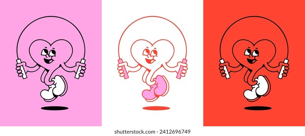 Vintage red love heart cartoon character illustration. Trendy retro romantic mascot jumping rope. Funny groovy 70s comic style poster print set.