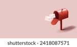 Vintage red mailbox with flying in white closed envelopes, post delivery composition, 3d render cartoon realistic style