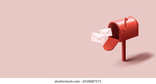 Vintage red mailbox with flying in white closed envelopes, post delivery composition, 3d render cartoon realistic style