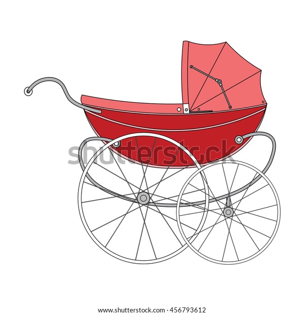 Vintage red old authentic vintage\
stroller with big wheels for little newborn baby\
girl.