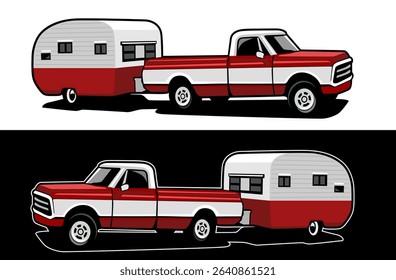 Vintage Red Pickup Truck with Retro Travel Trailer – Camper Vector Illustration