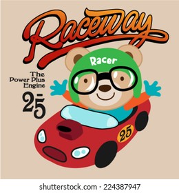Vintage red race car with a cute teddy bear with green helmet. Vector illustration.