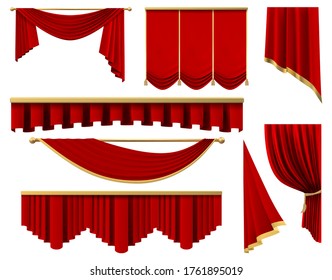 Vintage red realistic curtains. Stage luxury scarlet fabric curtain, silk interior lambrequin draperies vector illustration set. Premiere red portiere with golden for theater or cinema elements