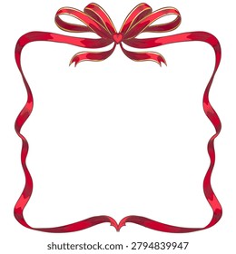 Vintage red ribbon frame with double bows knot and brooch heart shape sketch style. Wavy ribbons square border with yellow stripes. Greeting card, wedding invitations vector design. Holiday decoration