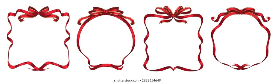 Vintage red ribbon frames with bows knot sketch style. Wavy ribbons square and rounded border with golden stripes. Greeting card, wedding invitations festive designs vector set. Holiday decoration