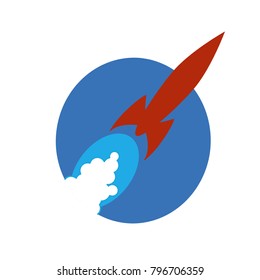 Vintage red rocket ship flying across an oval field of blue  with streaming cloud of smoke trailing behind.