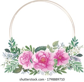 Vintage red roses bouquet painting watercolor with round golden circle wire frames illustration vector