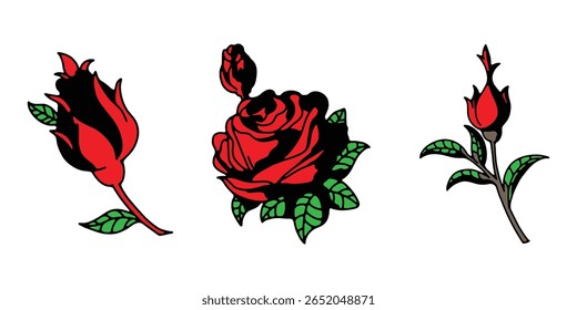 Coleção de rosas vermelhas vintage, gráficos de vetor de botão de flor