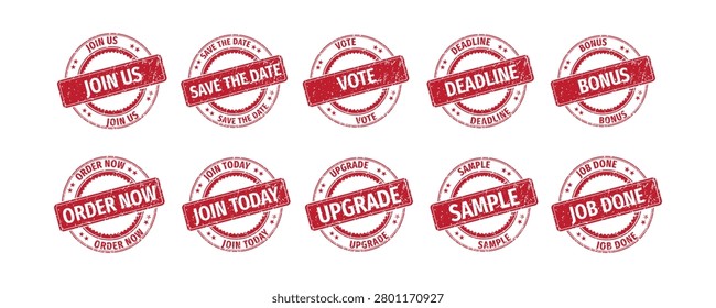 Vintage Red Rubber Stamp Collection Set – Join Us, Vote, Deadline, Bonus, Upgrade Business Badge Icons