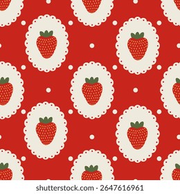 Padrão sem emenda vermelho vintage com morango e bolinhas. Projetado para impressão, tecido, papel de parede, papel de embrulho.