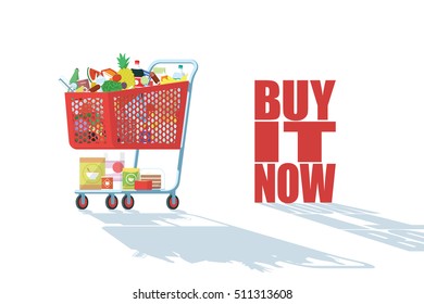 Vintage Red Shopping Cart Full Of Food. Vector Illustration