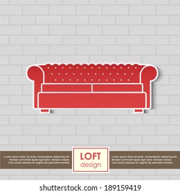 Vintage red sofa vector symbol. Loft furniture concept