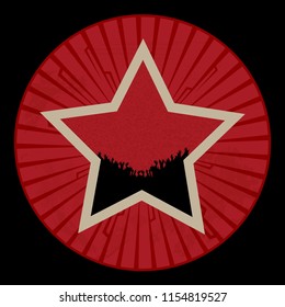 Vintage Red Star with Brown Border and Silhouette Crowd Over Circular Red Border and Black Background