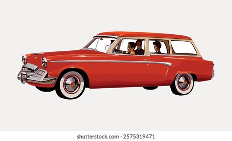 Vintage red station wagon with whitewall tires. Classic car design with retro style. Iconic vintage vehicle with a nostalgic feel. Classic station wagon look. Vintage art, isolated vector element.