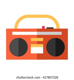 Vintage red tape recorder for audio cassettes. Music boombox. Music concept. Flat vector illustration