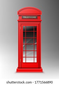 Vintage red telephone booth, classic London retro phone box. Close public English cabin for talks and communication, United Kingdom design isolated on grey background. Realistic 3d vector illustration