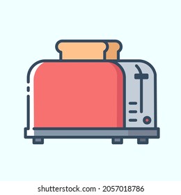 Vintage red toaster with pop toasts colored icon. Household and kitchen electronic appliances icons. Vector stylish outline illustrations on light background.