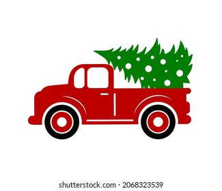 Vintage red  truck with Christmas tree isolated on white background. Vector flat illustration. Design for greeting card, banner, flyer