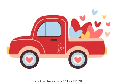 Vintage red truck with hearts. Valentine's day or wedding concept. Cartoon flat vector illustration.