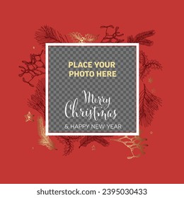 Vintage red vector hand drawn Christmas card with family photo placeholder - customizable editable family christmas card layout template - red version with golden handdrawn elements