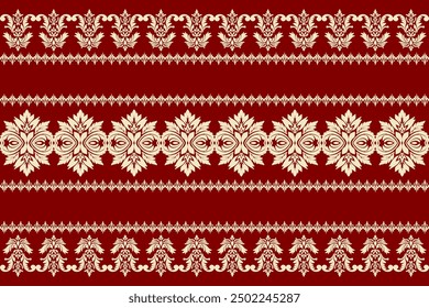 Vintage red and white damask pattern with snowflakes and lace, featuring ornate borders and floral elements, seamless design for festive decoration,traditional ethnic, floral, fabric pattern