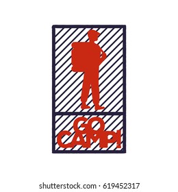 Vintage red-blue emblem of a tourist or traveler with a backpack and the inscription "go camp". Isolated monochrome emblem for a camping, the logo is suitable for printing on a T-shirt, package