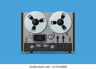 Vintage reel to reel tape recorder realistic vector illustration isolated on blue background.