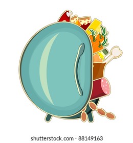 vintage refrigerator with food isolated on white background