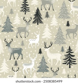 Vintage reindeer in winter forest among pine trees linear minimalistic vector seamless pattern. Winter wonderland deer background. Merry Christmas surface design for gift wrapping paper.