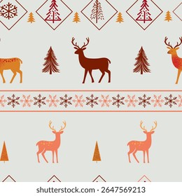 Vintage reindeer in winter forest among pine trees linear minimalistic vector seamless pattern. Winter wonderland deer background. Merry Christmas surface design for gift wrapping paper.