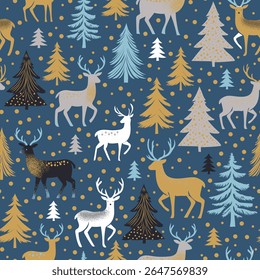 Vintage reindeer in winter forest among pine trees linear minimalistic vector seamless pattern. Winter wonderland deer background. Merry Christmas surface design for gift wrapping paper.