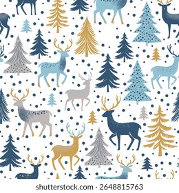 Vintage reindeer in winter forest among pine trees linear minimalistic vector seamless pattern. Winter wonderland deer background. Merry Christmas surface design for gift wrapping paper.