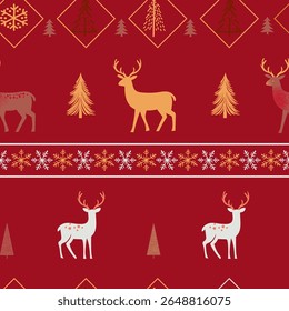Vintage reindeer in winter forest among pine trees linear minimalistic vector seamless pattern. Winter wonderland deer background. Merry Christmas surface design for gift wrapping paper.