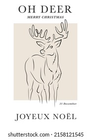 Vintage reindeer winter forest animal linear minimalistic collage vector illustration. Oh dear wordplay. Merry Christmas greeting postcard with deer for Xmas holiday season gift ideas.