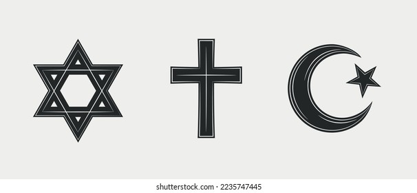 Vintage Religions icons. Latin cross, Crescent Moon and Star, Star of David. Christianity, Judaism, Islam icons. Vector illustration.