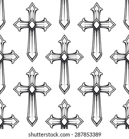 Vintage religious crosses in black and white seamless pattern with repeated motif of crucifix for fabric or heraldic design