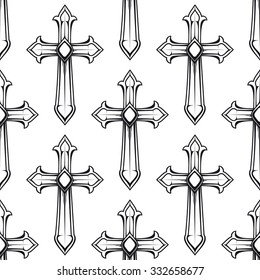 Vintage Religious Crosses In Black And White Seamless Pattern With Repeated Motif Of Crucifix For Fabric Or Heraldic Design