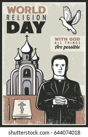 Vintage religious poster with text priest church flying dove bible book and candle vector illustration