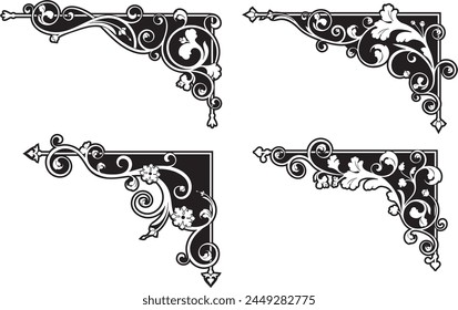 Antiguas renacimiento ornamental esquinas florales conjunto. Diseños florituras decorativos de páginas de lujo, adornos de filigranas reales, rincones de invitación de boda. Gráficos de Vector extremadamente limpios, listos para vinilo y láser