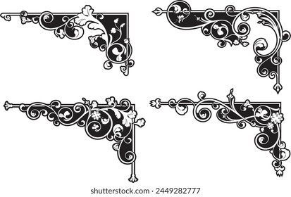 Vintage renaissance ornamental floral corners set. Luxury page decorative flourish designs, royal filigree ornaments, wedding invitation corners. Extremely clean vector graphics, vinyl and laser ready