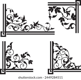 Vintage renaissance ornamental floral corners set. Luxury page decorative flourish designs, royal filigree ornaments, wedding invitation corners. Extremely clean vector graphics, vinyl and laser ready