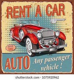 Vintage Rent a Car  poster with retro car.