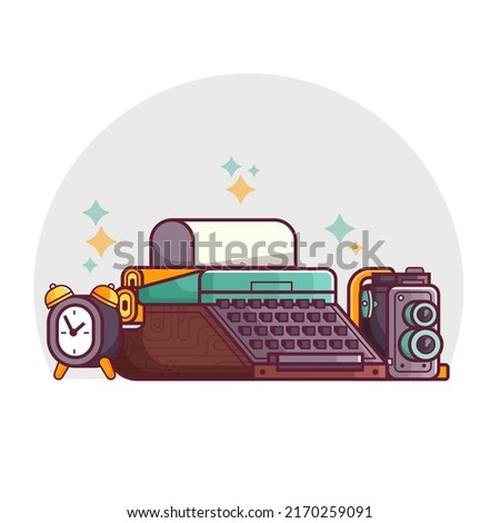 Vintage reporter or writer things and objects. Flea market or antiques shop banner. Old rarity elements for entertainment with lens camera, typewriter and clockworks.