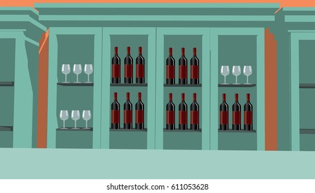 Vintage restaurant bar with bottles of red vine