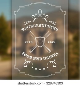 Vintage restaurant or cafe menu template. Glass banner on blurred background. Vector illustration.