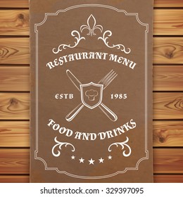 Vintage restaurant or cafe menu template. Banner on wooden planks. Vector illustration.