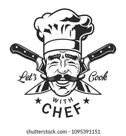 Vintage restaurant chef logotype with crossed knives and smiling face isolated vector illustration